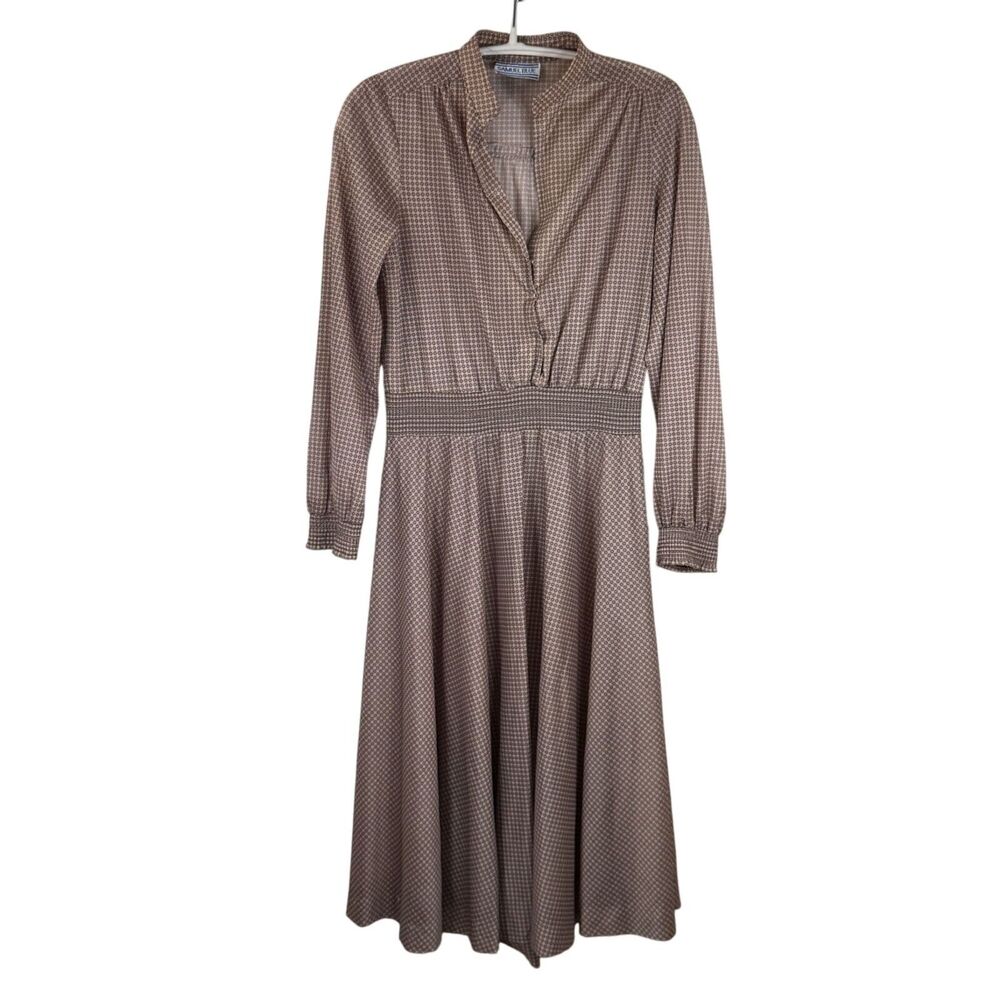 Vintage Samuel Blue Midi Dress Long Sleeve Brown Patterned Size S